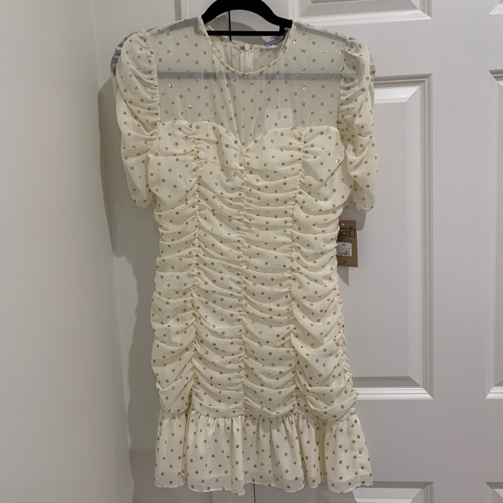 NWT Ruched Polka Dot Dress Medium Ivory